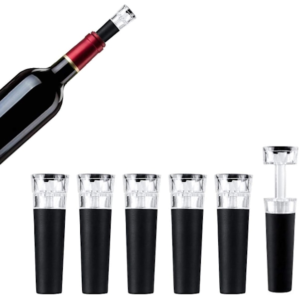 Sorte 6-pak genanvendelige vin- og champagnepropper med vakuumpumpe - lækagesikre og forseglede silikonepropper