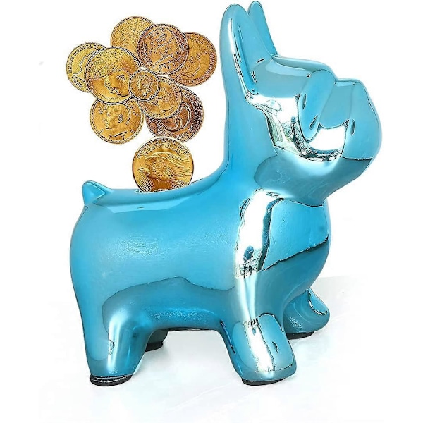 Keramisk Bulldog Spargris för Pojkar Flickor, Pengabox för Barn, Myntbank Minnessak med Plastpropp, Fransk Bulldog Sparbössa, Barnrumsinredning (Blå)