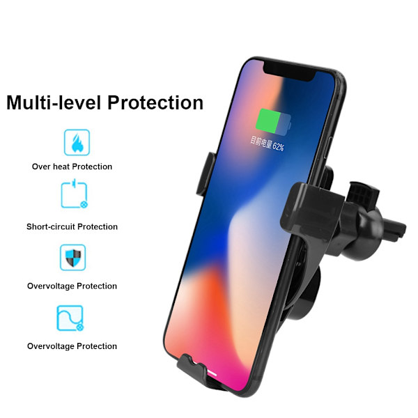 10W/7.5W/5W Automatisk gjenkjenning trådløs billaderfeste 360° rotasjon 1500mA lading - Svart