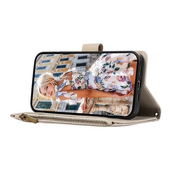 Compatible Case for Samsung Galaxy A56 5G, Multi-Slot, Zipper, Leather Case with Wrist Strap Beige