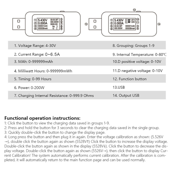 LCD Display USB Tester Oplader Detektor Digital Voltmeter Amperemeter Spændingsmåler DC4-30V (Sort)