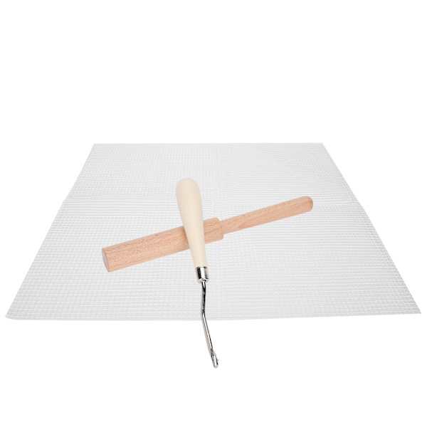 Mesh stof DIY håndlavet tæppe vævet gitterstof materiale 50x50cm træhåndtag hækling