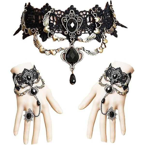 Gotisk vintage spets Choker Halsband och armband Set för svarta kvinnor