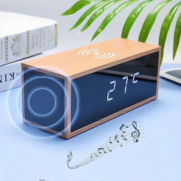 Luova Älykäs Monitoiminen Langaton Lataava Herätyskello Puinen Bluetooth Kaiutin LED (Valkoinen)