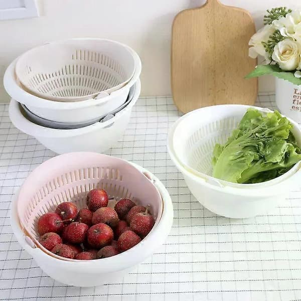 Kitchen Fruit Tray Detachable Double-Layer Fruit and Vegetable Bowl Drain Basket Creative Household Rotating Washing Basket G595A pink