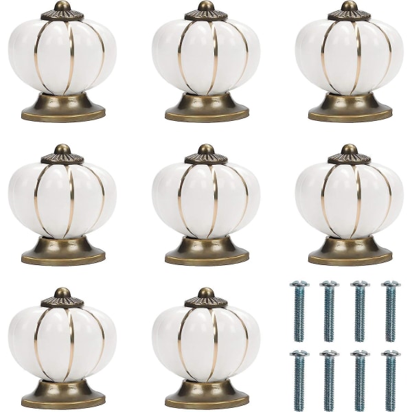 Set med 8 vintage runda vita och guld keramiska skåpknoppar med pumpaskruvar - 3,8 x 4 cm - Perfekt för hem, kontor, köksskåp, lådor