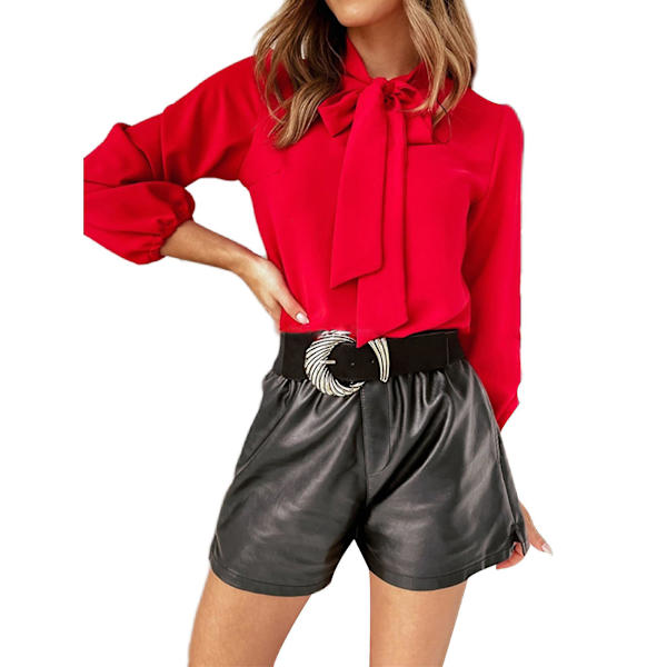 Blus med rosett i halsringningen, enfärgad, för kvinnor - Business Casual, långärmad