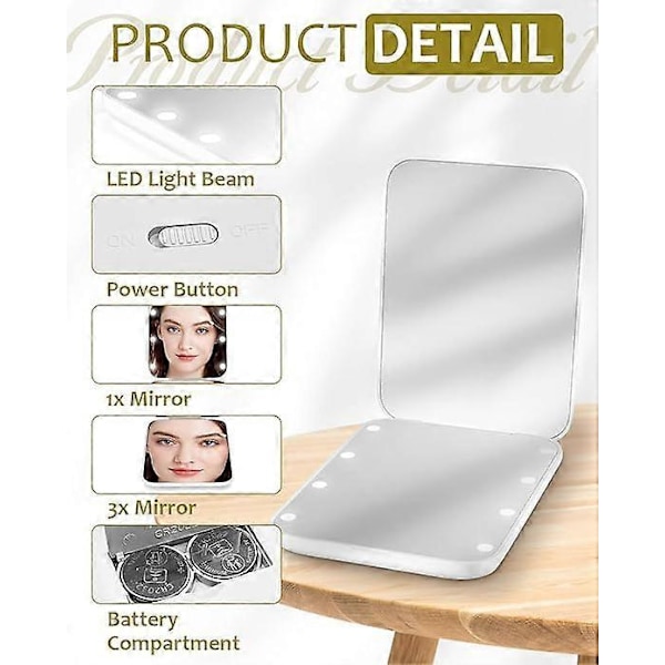 Kompakt Spejl, Bærbart Makeup Spejl 23 cm x 18 cm x 3,8 cm med 8 LED-lys, sort
