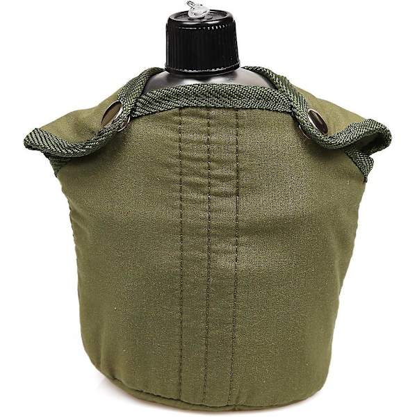 Militær kantinesett i rustfritt stål med 0,9 liters kantine, 0,5 liters kopp og nylondeksel i grønt