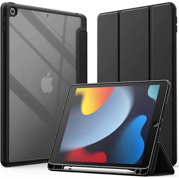 Sort Etui til iPad 10.2 tommer (9./8./7. generation, 2021/2020/2019) med Blyantholder, Slankt Gennemsigtigt Bagcover Stødsikkert Stativ Tablet