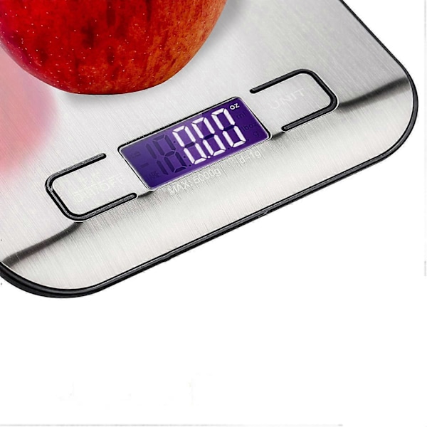 5 kg digital köksvåg med bakgrundsbelyst LCD-display tillverkad av slitstarkt och elegant rostfritt stål som väger mat i gram, pund, milliliter