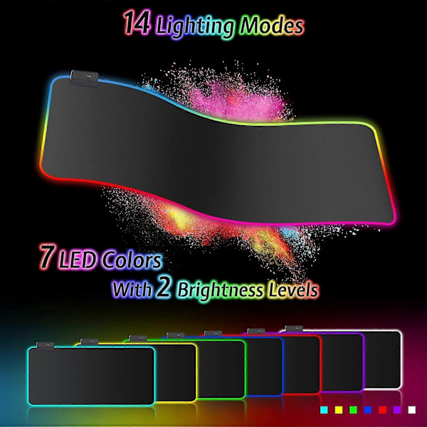 RGB Gaming Musemåtte XXL (800 x 300 mm), 7 LED-lyseffekter, vandtæt, skridsikker, slidstærk til Gamer, Computer, PC