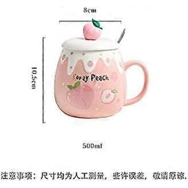 Fruktmugg med Lock och Sked 3D Söt Keramisk Kaffe Te Kopp Par Mugg Set Födelsedagspresent för Kvinnor Vän Älskare (Rosa persika, 500 ml)