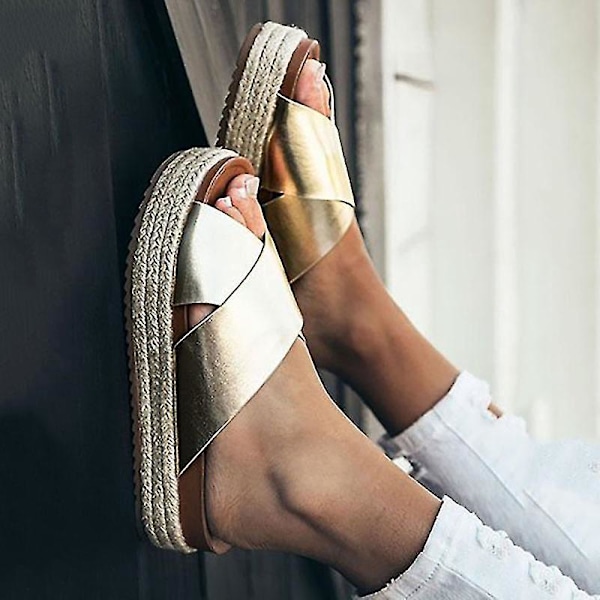 Cross Chunky Platform Espadrille Wedge Sandaler til kvinder Guld EU 36