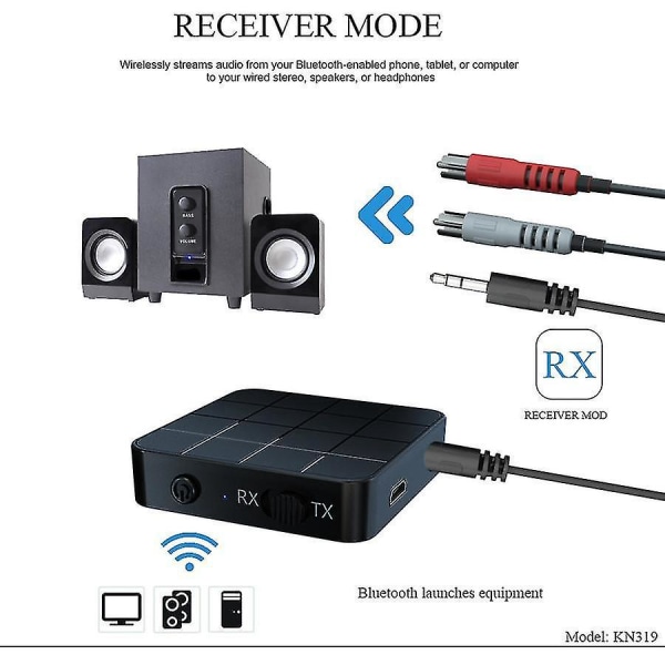 Bluetooth 5.0 trådlös ljudadapter med 3,5 mm Aux och RCA-utgångar