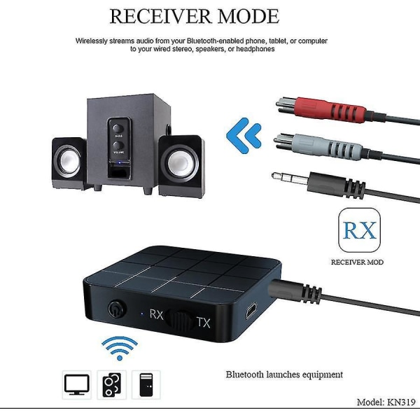 Bluetooth 5.0 trådløs lydadapter med 3,5 mm Aux- og RCA-utganger