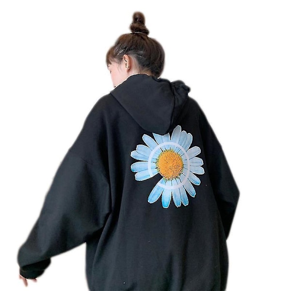 Daisy Print Kvinders Hættetrøje Tunika Trøje Sort