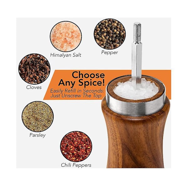 Salt- og pepperkvernsett i tre: Justerbar grovhet, massivt tre med keramisk/rustfritt stål kvernemyll