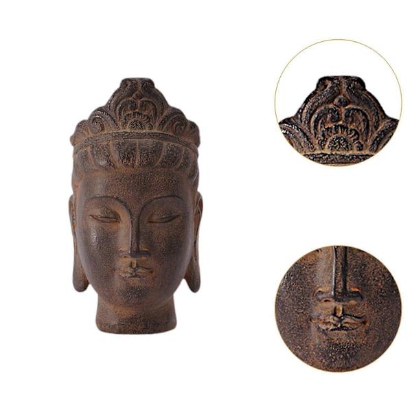 Buddha Huvud Staty Gåva Display Konstgjord Prydnad för Bondgård Uteplats Skrivbord Mörkbrun