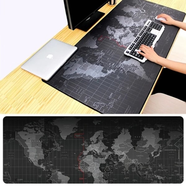 Stor spelmusmatta - World Map Design - 80x30cm - Svart