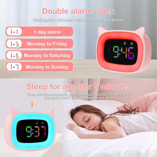 Lysande Barnväckarklocka för Tonåringar Flickor Pojkar RGB 8 Skiftande Färger, 18 Ringsignaler, Två Alarm, 12/24 Timmars Snooze-lägen Rosa [Energiklass A