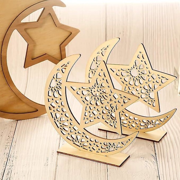 Sett med 2 trepynt til Ramadan Treborddekorasjon Måne Stjerne Henger for Eid Ramadan Mubarak Pynt