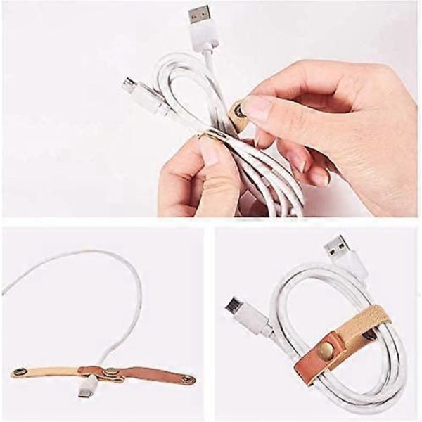 10 stk. Ledningsorganisator, Bærbar Øretelefon Ledningsholder Vikler, USB-stropper i Læder, Øretelefon Vikler med Håndlavet Læder, Strømpestopper