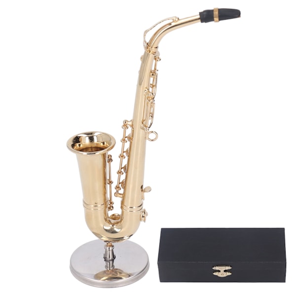 Miniatyr Saxofon med Stativ Mässing Livslik Mini Musikinstrument Dockhus Modell Heminredning