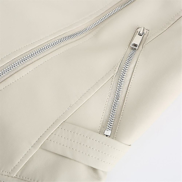 Stilful Kvinde Off White Kunstlæder Biker Zip Jakke XS