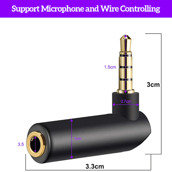 3,5 mm lydadapter 90 grader 3,5 mm hann til 3,5 mm hunn rettvinklet adapter hodetelefonadapter Aux-adapterkonverter for hodetelefoner Bil