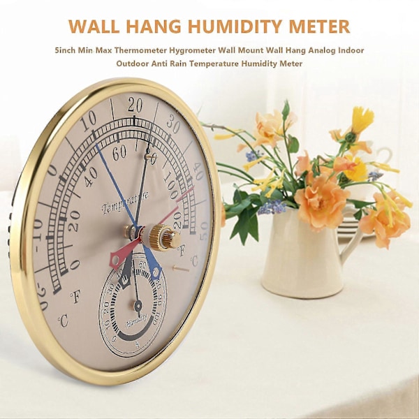 5 tommer Min Max Termometer Hygrometer Vægmontering Væghængt Analog Indendørs Udendørs Anti Regn Temperatur -GDZD