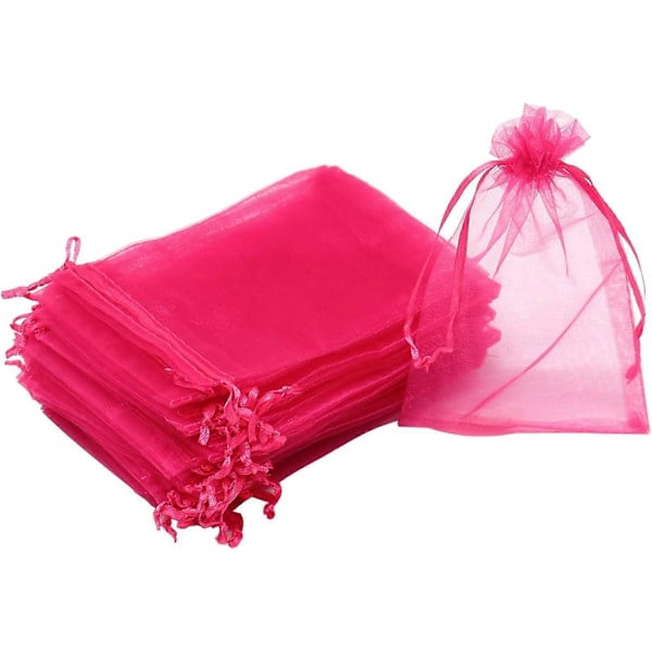 100 stk. Organza Poser 4x6 Tommer, Hot Rose Små Smykkeposer Snøring Mesh Gaveposer Bryllupsfest Favor Julegodteposer