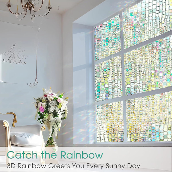 Rainbow 3D-farget glass-vindusfilm: Varmeblokkerende dekorativ vinyl klamrer seg til for personvern - Avtakbare hjemmefargingsklistremerker for bad og dører
