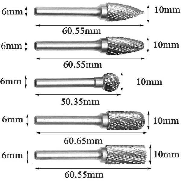 Tungsten Carbide Rotary Burrs Set - 5 stk, 610 mm, dobbeltkuttet, 6,35 mm sylindrisk skaft, for trebearbeiding og metallpolering