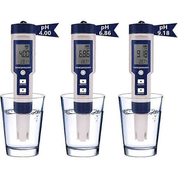 5-in-1 elektroninen pH-mittari, mittaa pH:n, TDS:n, EC:n, suolapitoisuuden ja lämpötilan, vedenlaadun testaaja, LCD-näyttö ja lukematarkkuus, juomavedelle, A