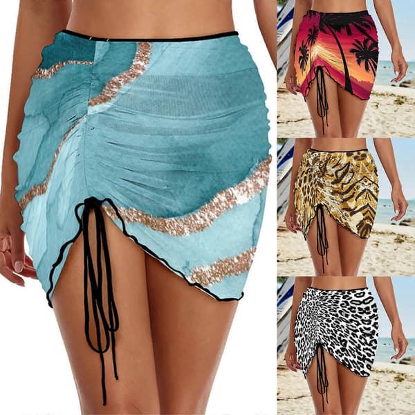 Women's Bikini Top with Drawstring, Ruched Front, Printed, Swimsuit Skirt, Short Beach Skirts, Red L Red Red L