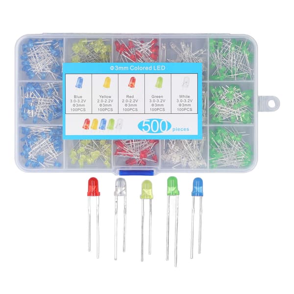 500 stk. 3 mm LED-lysdiode 5 farver rød gul blå grøn hvid LED-lampe lysdiode sæt