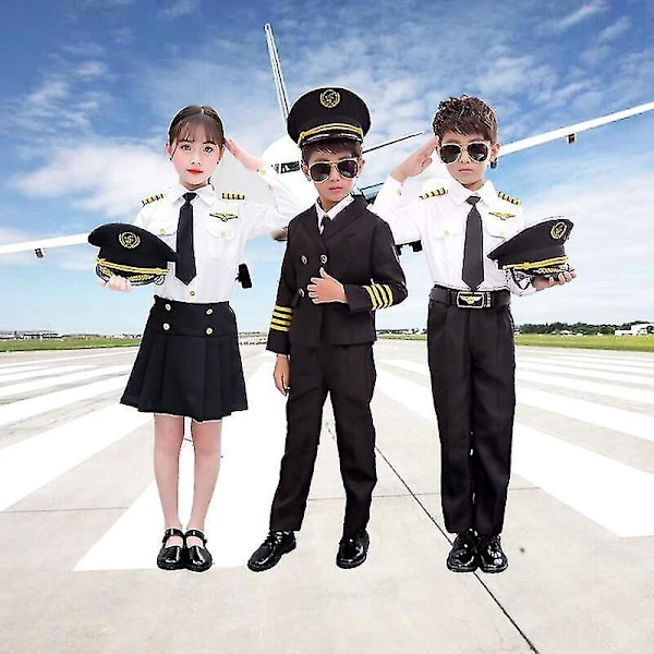 Barnekostyme for pilot - Perfekt for cosplay for gutter og jenter, flyuniform for flyvåpenet med solbriller110 kort erme 1