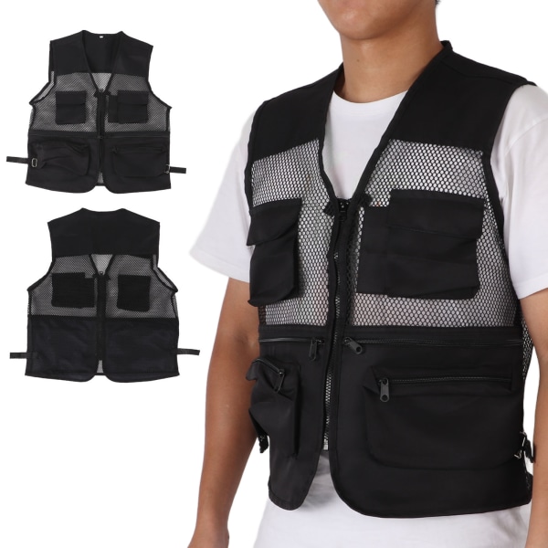 Militärväst Slitstark ventilerande Multi Pocket Mesh fiskeväst för utomhusaktiviteterL Svart