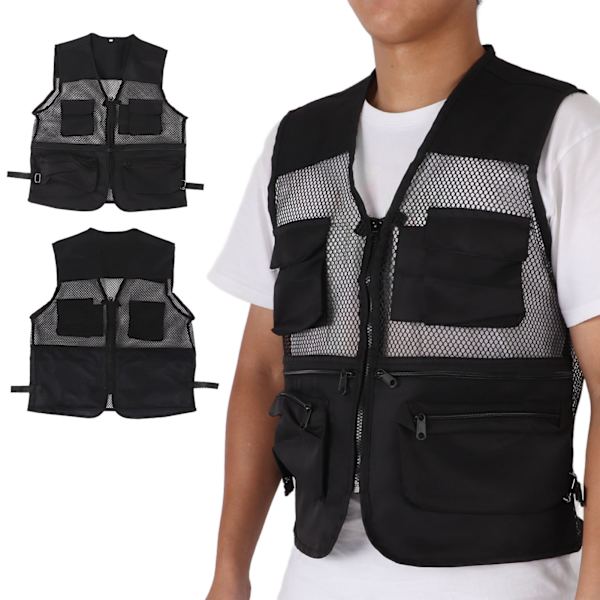 Militærvest Slidstærk åndbar Multi Pocket Mesh fiskevest til udendørs aktiviteterL Sort