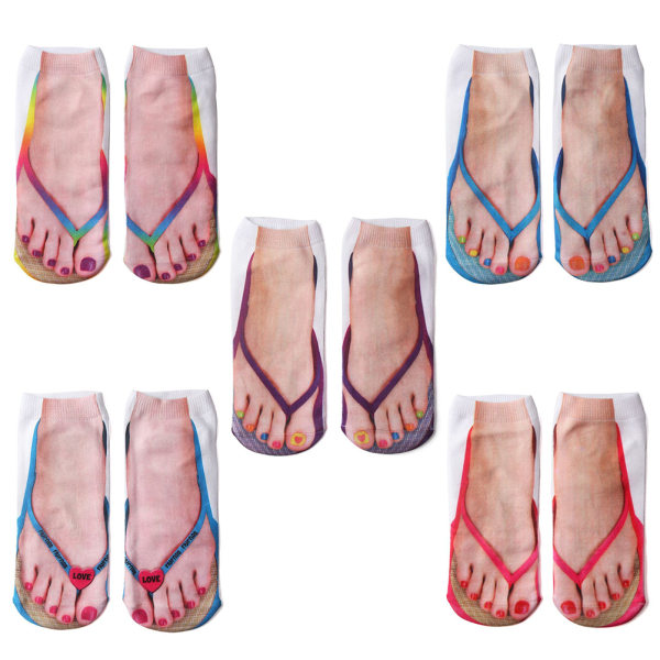 Personligt 3D-mønster lavt udskårne ankelsokker med manicure og flip flop print (5 par)