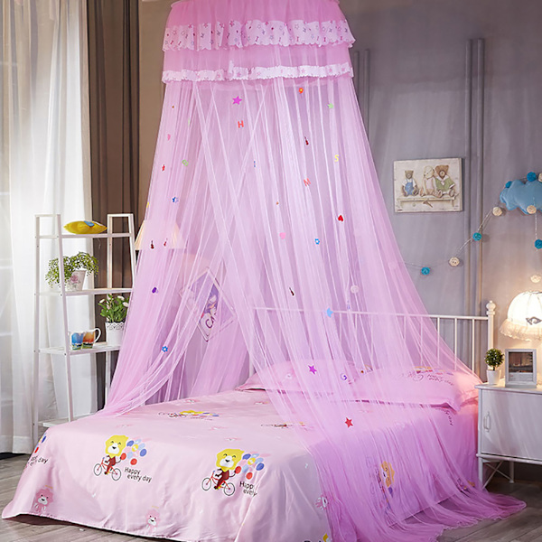 Pyöreä katollinen pitsiprinsessatyylinen hyttysverho lapsen sänkyyn (vaaleanpunainen)