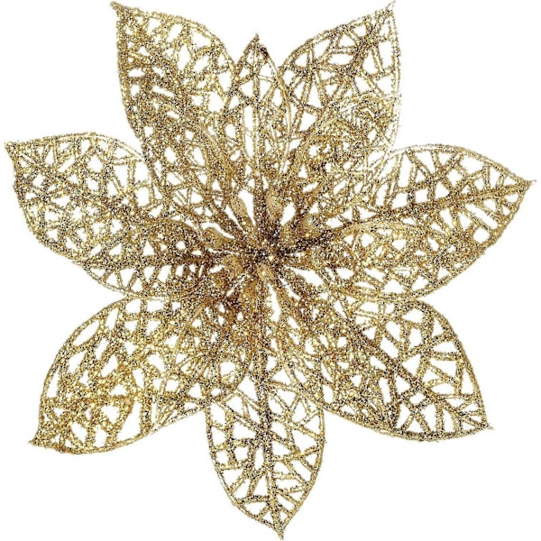 12 stk. Julepynt Glitter Gull Julestjerne, Kunstige Julestjerneblomster Juletrepynt til Juleborddekor