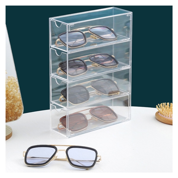 Gennemsigtig solbrilleopbevaringsboks - 4-lags stabelbar organisering til kontor og soveværelse