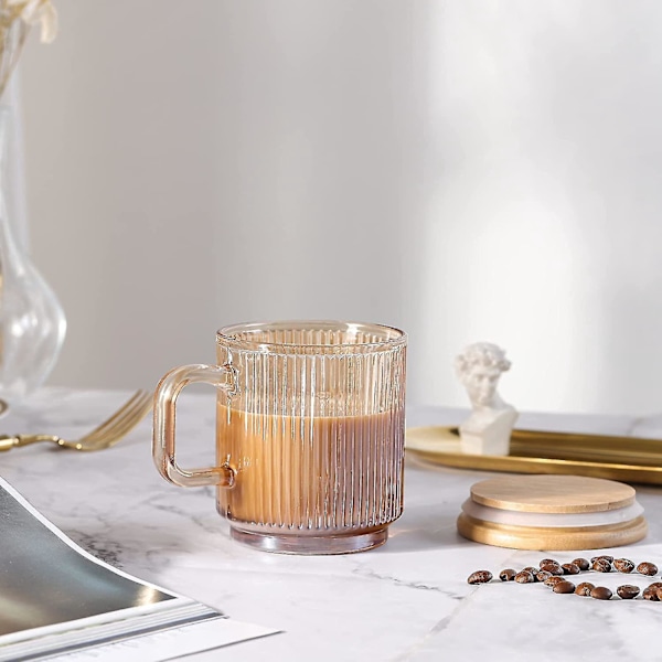 Iriserende Glasskaffe Kopper Sett med 2 - 340ml Ribbet Tekopper med Brun Lopp