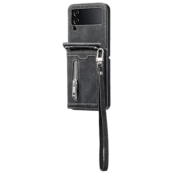 Til Samsung Galaxy Z Flip4 5g Etui Kortholder Pu Læder Støtteben Telefon Cover Med Håndrem-B6 Sort