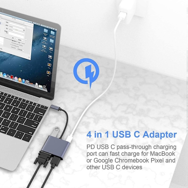 USB C till VGA HDMI Adapter, 4 i 1 Typ C Hub till VGA HDMI 4K UHD + USB 3.0 Port Kompatibel med MacBook Pro/Air Huawei Mate 30 grå