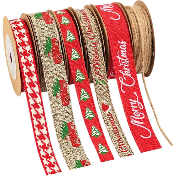 Pakke med 6 ruller julebånd i jute for gaveinnpakning, rødt stoff, håndverksbånd, jutesnor, julebånd for kranser, jul T