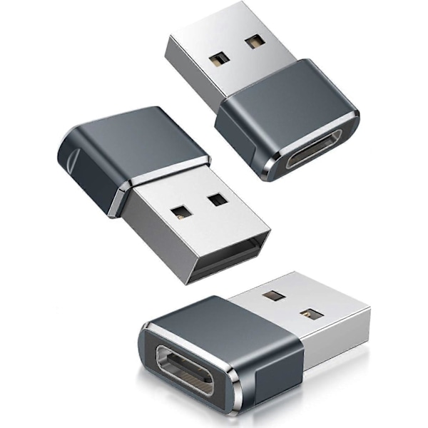 USB till USB C Adapter 3-pack, Typ C Hona till A Hane Laddarkabel Konverterare Grå