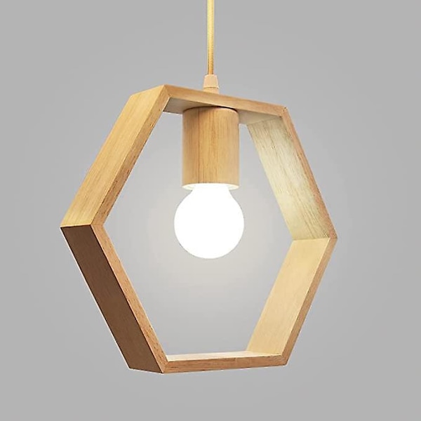 Nordisk Trä Hexagon Geometrisk Hängande Lampa Enstaka Huvud Hängande Matrum Bar Restaurang Trälampa E27 220V (Glödlampa Ingår Inte)